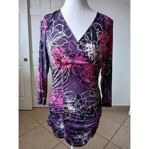 INC International Concepts Woman’s Pink Purple 3/4 Sleeve V Neck Ruched‎  L Y2K